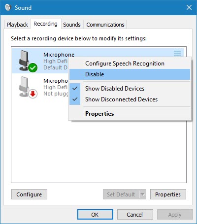 tắt Microphone trên Windows 10